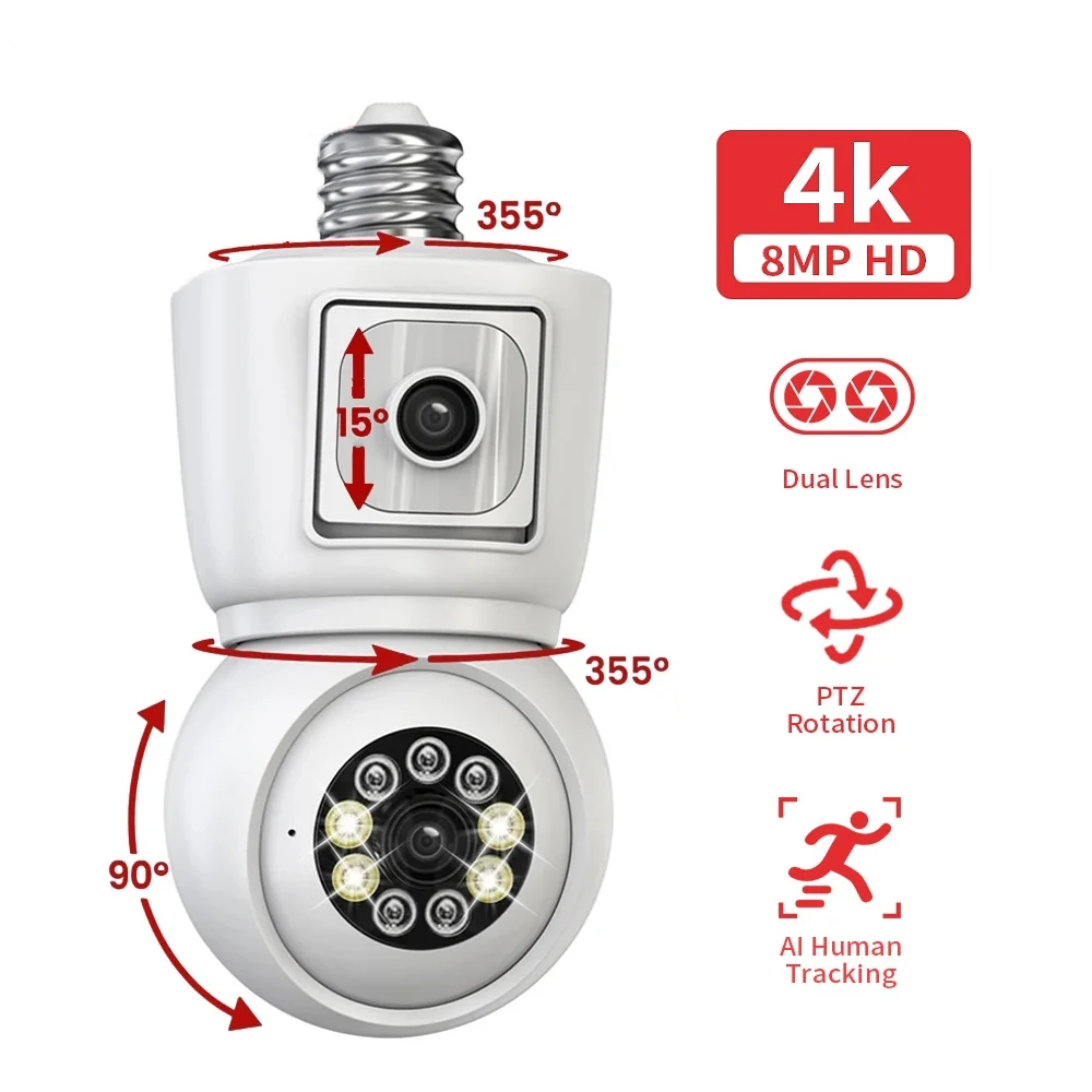 

iCSee 4K 8MP E27 Bulb IP WiFi Camera Dual Lens 4MP Indoor Security Wireless PTZ Camera Home Safe CCTV Surveillance Auto Tracking