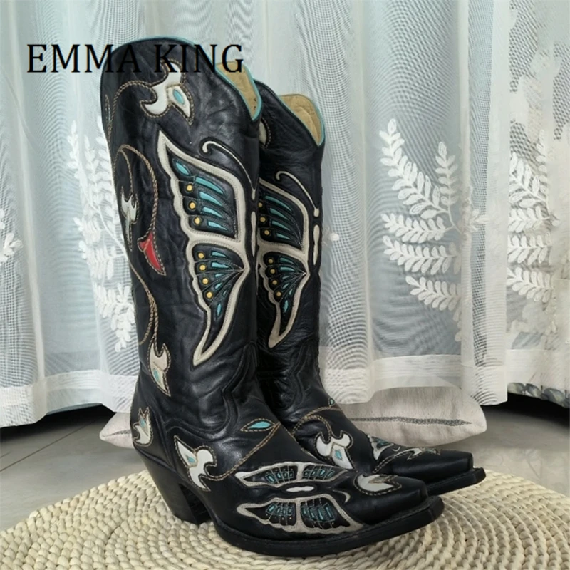 Embroidered Western Cowboy Boots 2024 Autumn New Thick Heels Knight Boots British Style Dark Black Boot Punk Banquet Dress Shoes