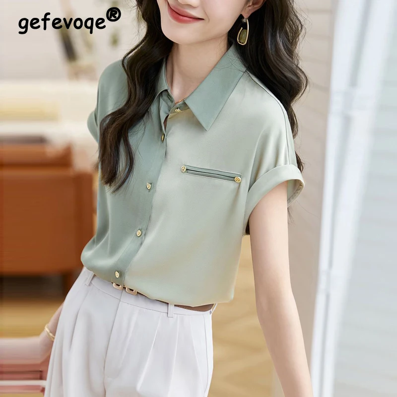 

Women's Korean Style Green Contrast Color Elegant Button Up Shirt Summer Simple Casual Short Sleeve Office Lady Blouse Chic Tops