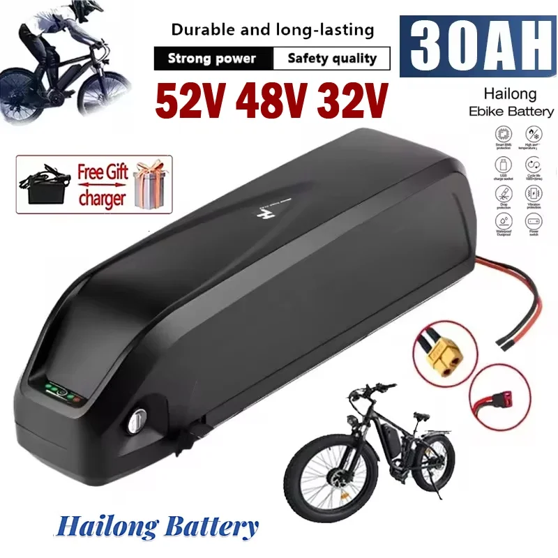 EBike Battery 48V 52V 36V 30Ah Hailong Electric Bicycle Downtube 18650 Lithium Battery Pack For 1500W 1000W 750W 500W 350W Motor