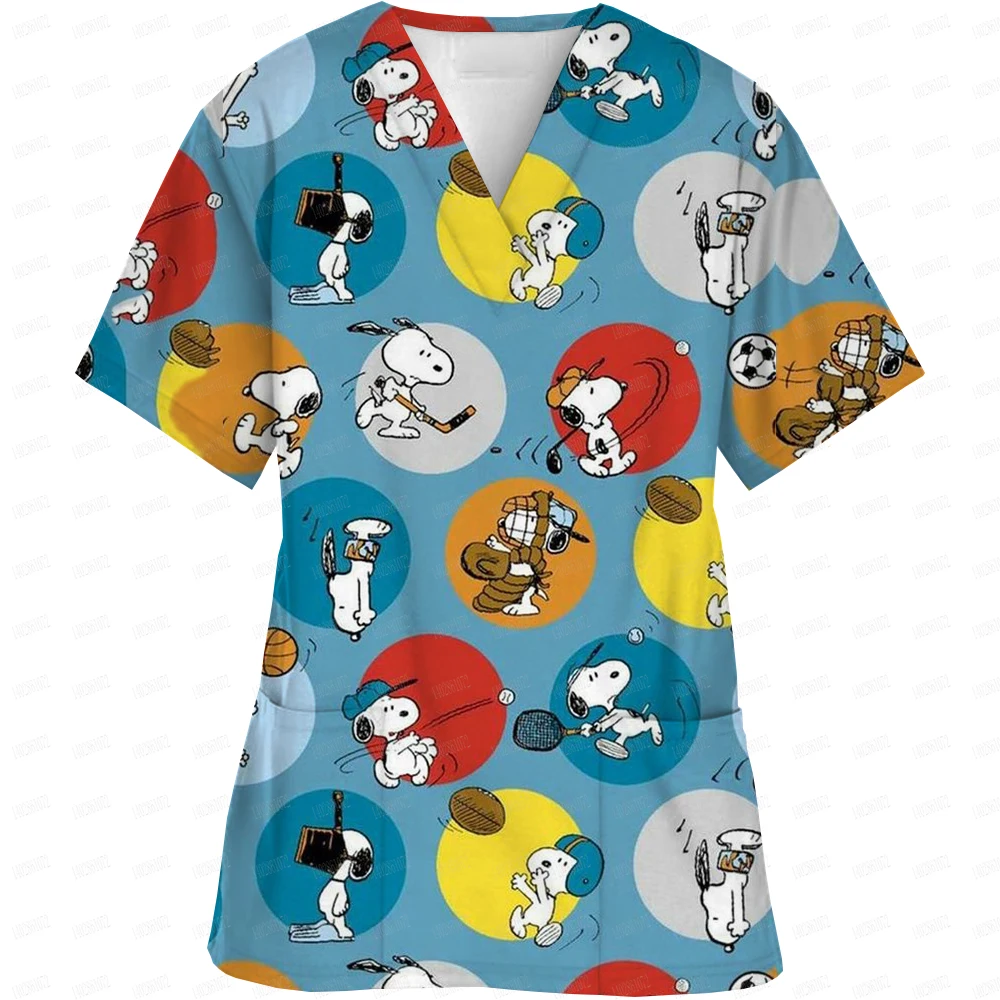 Uniformi da lavoro ospedaliere scollo a V manica corta Scrub vestiti Cartoon Snoopy stampa abbigliamento da infermiera da donna uniforme clinica