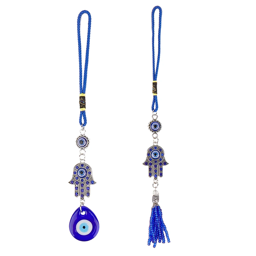 4Pcs Blue Glass Car Pendant Hamsa Hand Hanging Ornament with Rope Rear View Mirror Beaded Decoration Lucky Charms Accessories