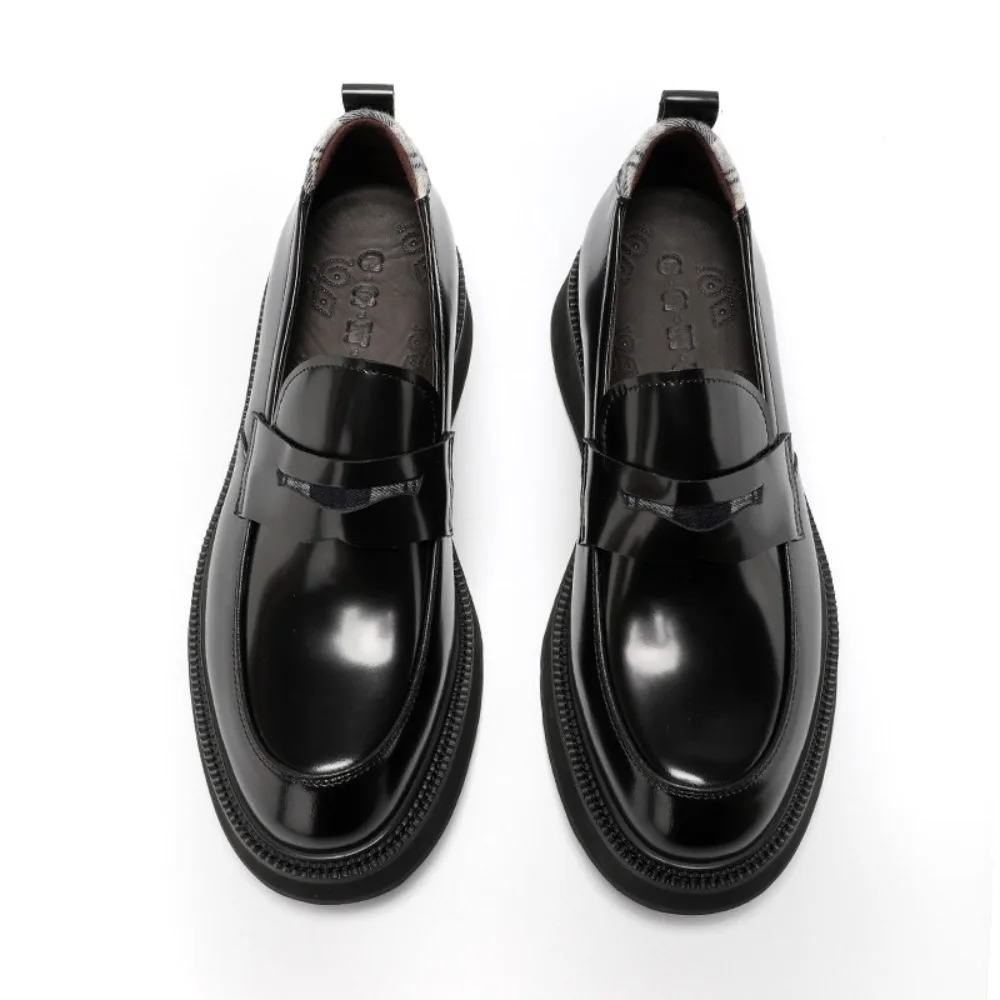 Genuine Full Grain Leather Men's Loafers British Style Slip on Thick Sole Increased Height Casual Leather Shoes Trendy