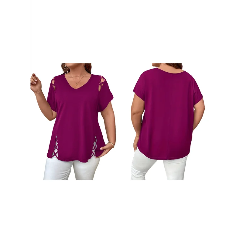 เสื้อแขนสั้นสตรีเสื้อตัดคอวีแต่งตัวลำลองหลวมพอดีเสื้อตัวยาว-A55G