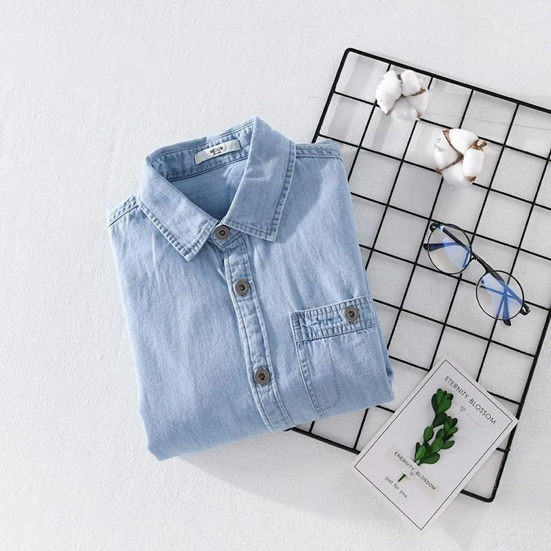 2025 Spring and Autumn Youth Small Fresh Wash Pure Cotton Denim Shirt Men's Long Sleeve Trend Men's Casual Shirt Coat Outer Wear