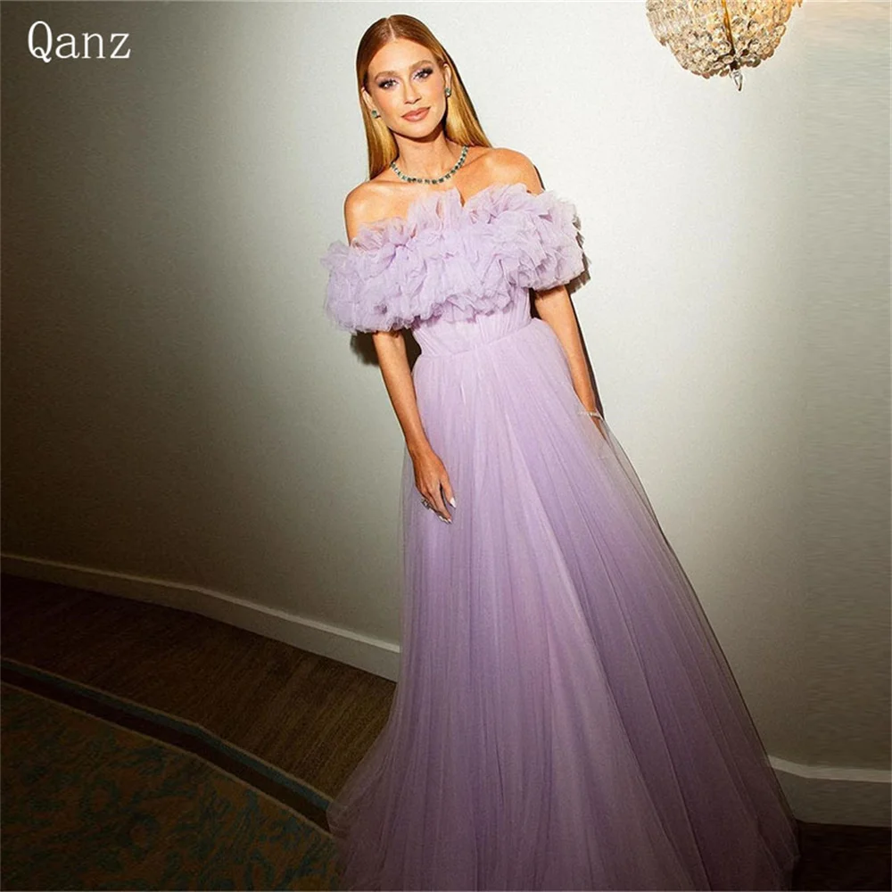 

Qanz Off The Shoulder Tulle Evening Dresses Long A Line Party Dress Women Elegant Ruffles Floor Length Arabische Abendkleider