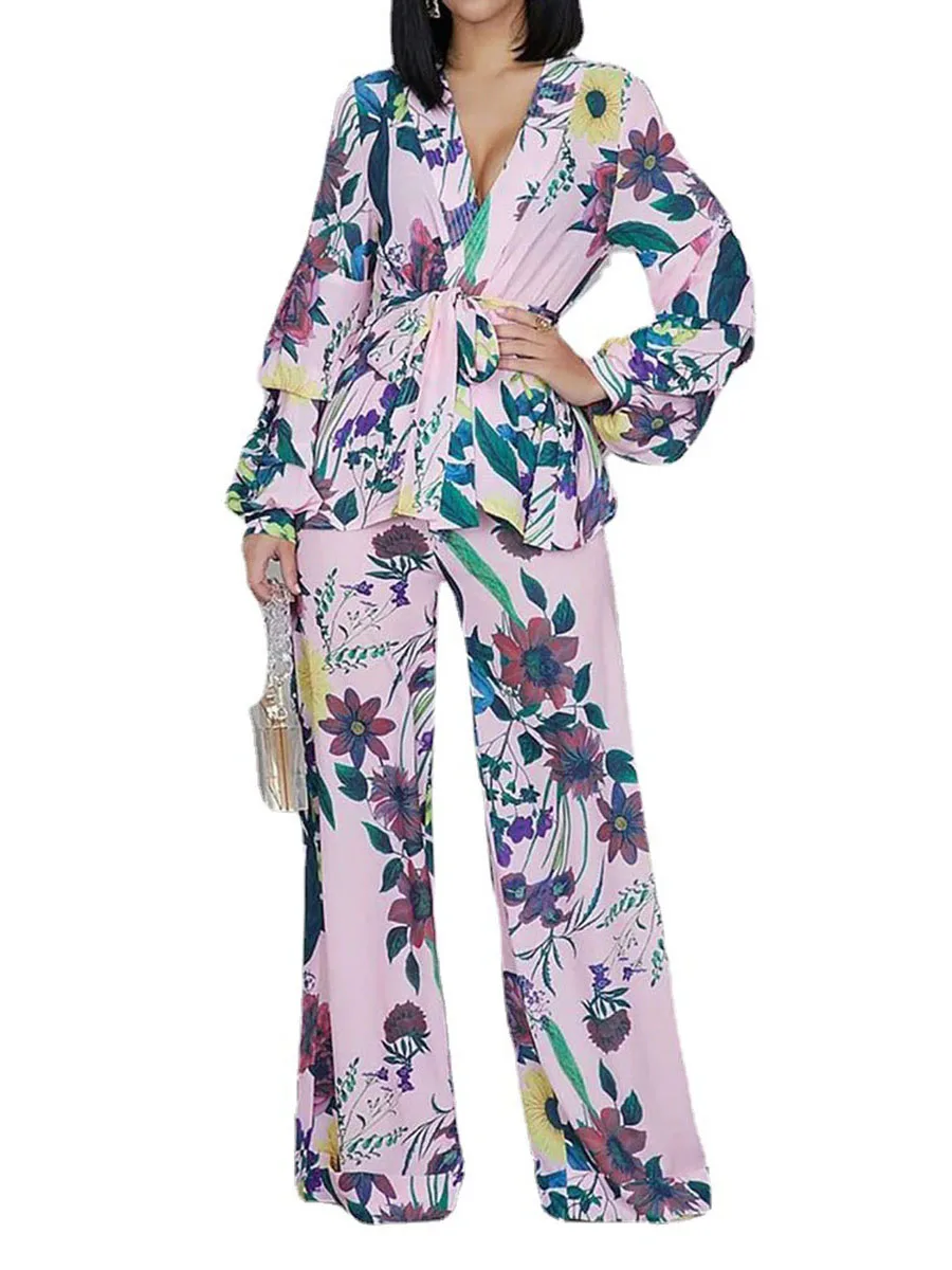 ชุดเสื้อผ้า2ชิ้นสำหรับผู้หญิงชุดเสื้อผ้า2ชิ้นเสื้อแขนยาวคอวีแขนโคมไฟพร้อมเข็มขัดกางเกงขาม้าพาลาซโซเลานจ์