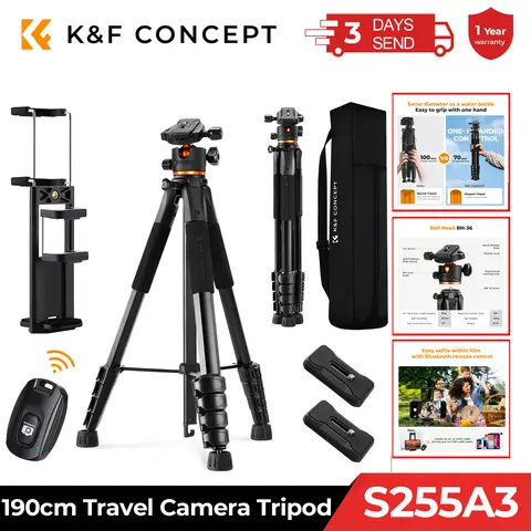 K & F Concept Trípode de cámara de 75 pulgadas/190 cm Trípode DSLR ligero para viajes al aire libre Clip para teléfono móvil y control remoto para teléfono inteligente