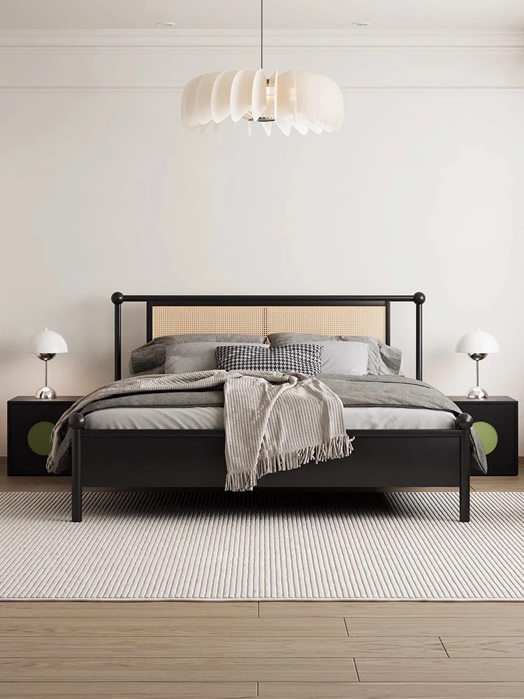 Black rattan woven solid wood bed, light luxury Japanese retro double wedding bed, American custom bed