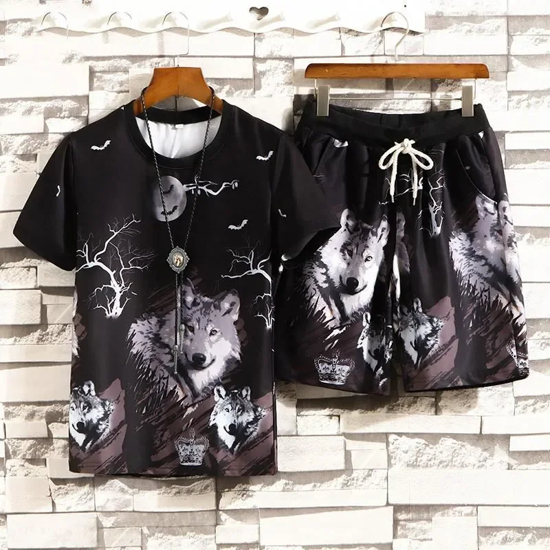 

Men Feather Print Crew Neck Short Sleeve T Shirt Elastic Waist Shorts Casual Two Piece Outfit Single Optional