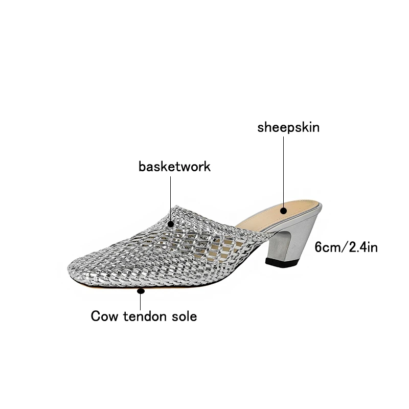 Women's new genuine leather sheepskin woven square toe summer breathable toe high heels thick heels Mueller slippers