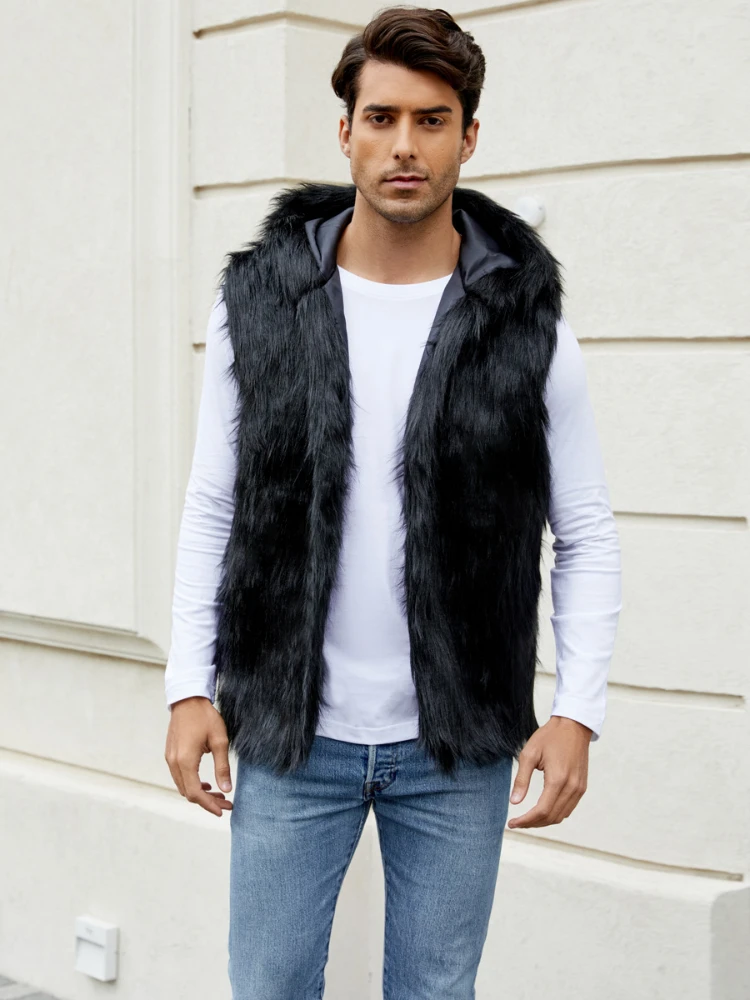 Men Hooded Vest V Neck Faux Fur Jackets Sleeveless Elegant Splice Vests Cardigan Hoodies Casual High Street Autumn Winter