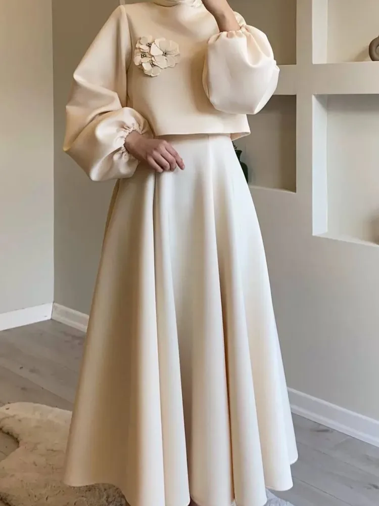 

Temperament Elegant Skirts Two Piece Set Women Three-dimensional Flowers Lantern Sleeves T Shirt High Waist Skirt 2 Piece Sets