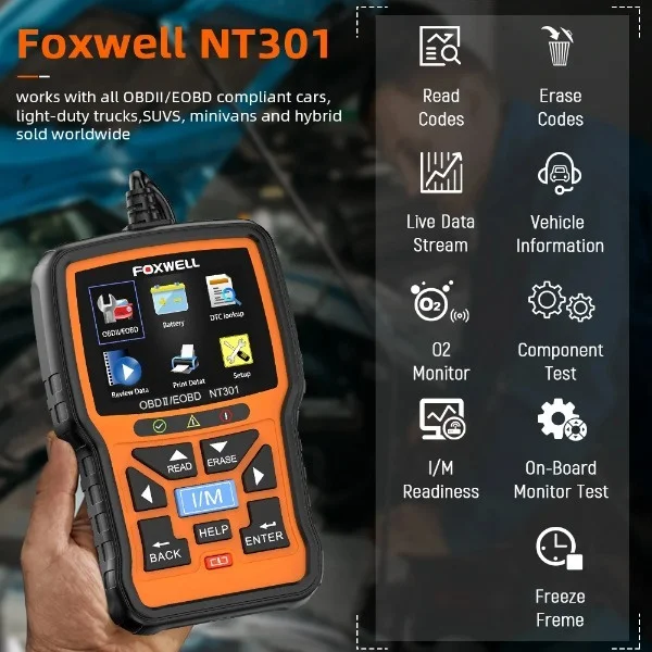 FOXWELL NT301 OBD2 scanner; Professional mechanic OBDII diagnostic code reader; Check engine light;