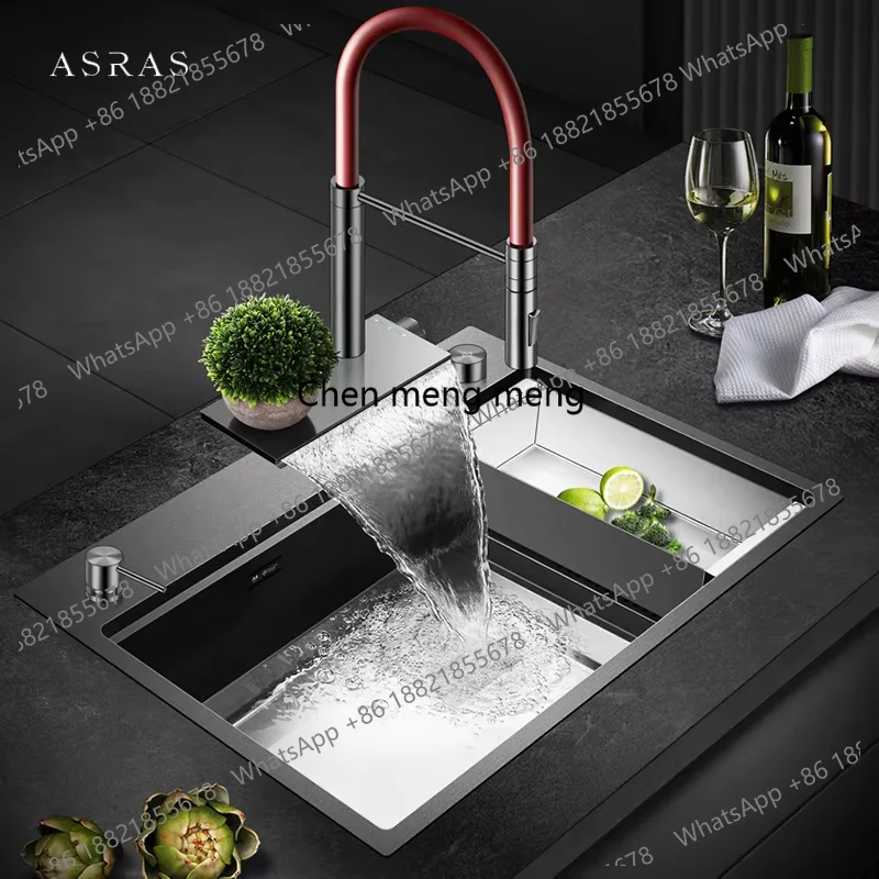 Waterfall Faucet Cup Rinser Kitchen Island Sink SUS 304 Stainless Steel 4mm Thickness Handmade Nano Kitchen Sinks