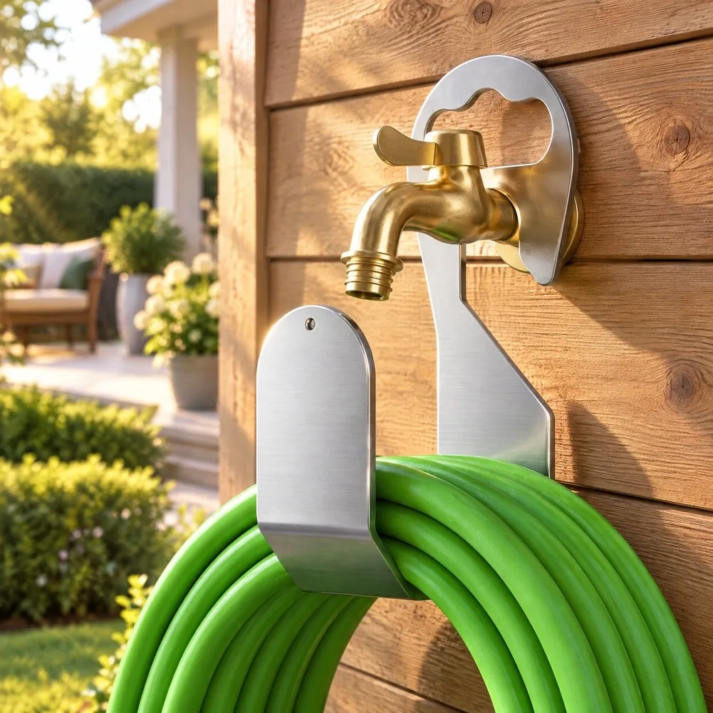 Wall Mounted Stainless Steel Hose Hook for Outdoor Garden Organization Holds Hoses Cables Ropes Built in Handle Portable