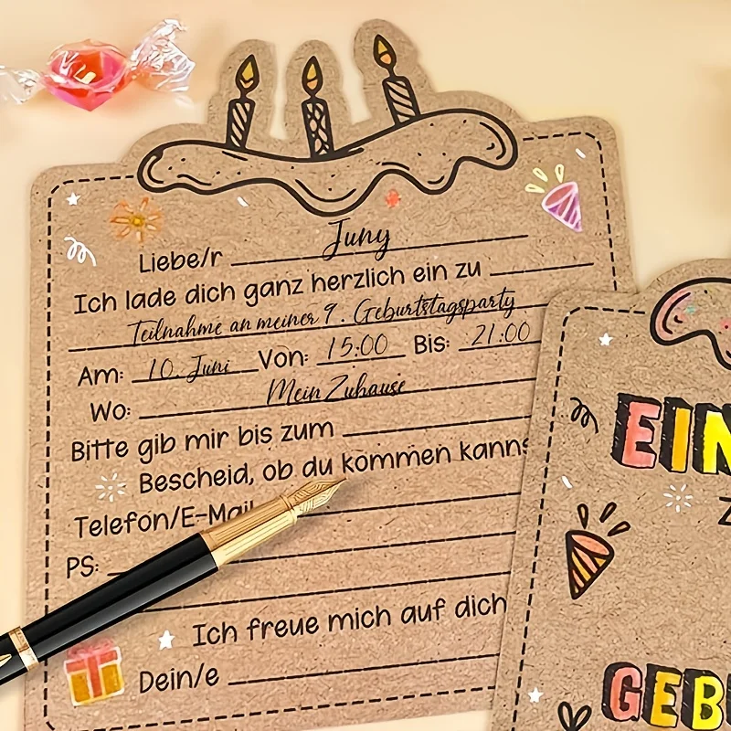12pcs German Birthday Invitation Cards - Kraft Paper DIY Handmade, Festive Designs for Boys & Girls (Christmas/New Year)