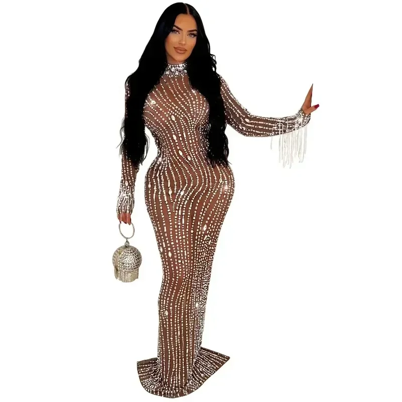 2025, Damen-Kleid, langärmelig, Netzstoff, durchsichtig, Diamanten, heiße Strasssteine, figurbetontes Kleid, Damen, Maxi, lange Abend- und Geburtstagskleider