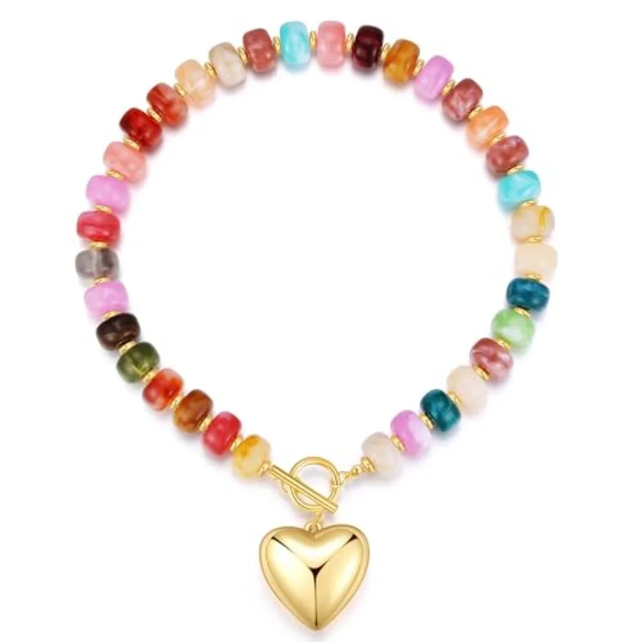 

Chunky Heart Necklaces for Women Colorful Resin Beaded Necklaces for Women Gold Puffy Heart Statement Necklace Trendy Acrylic C