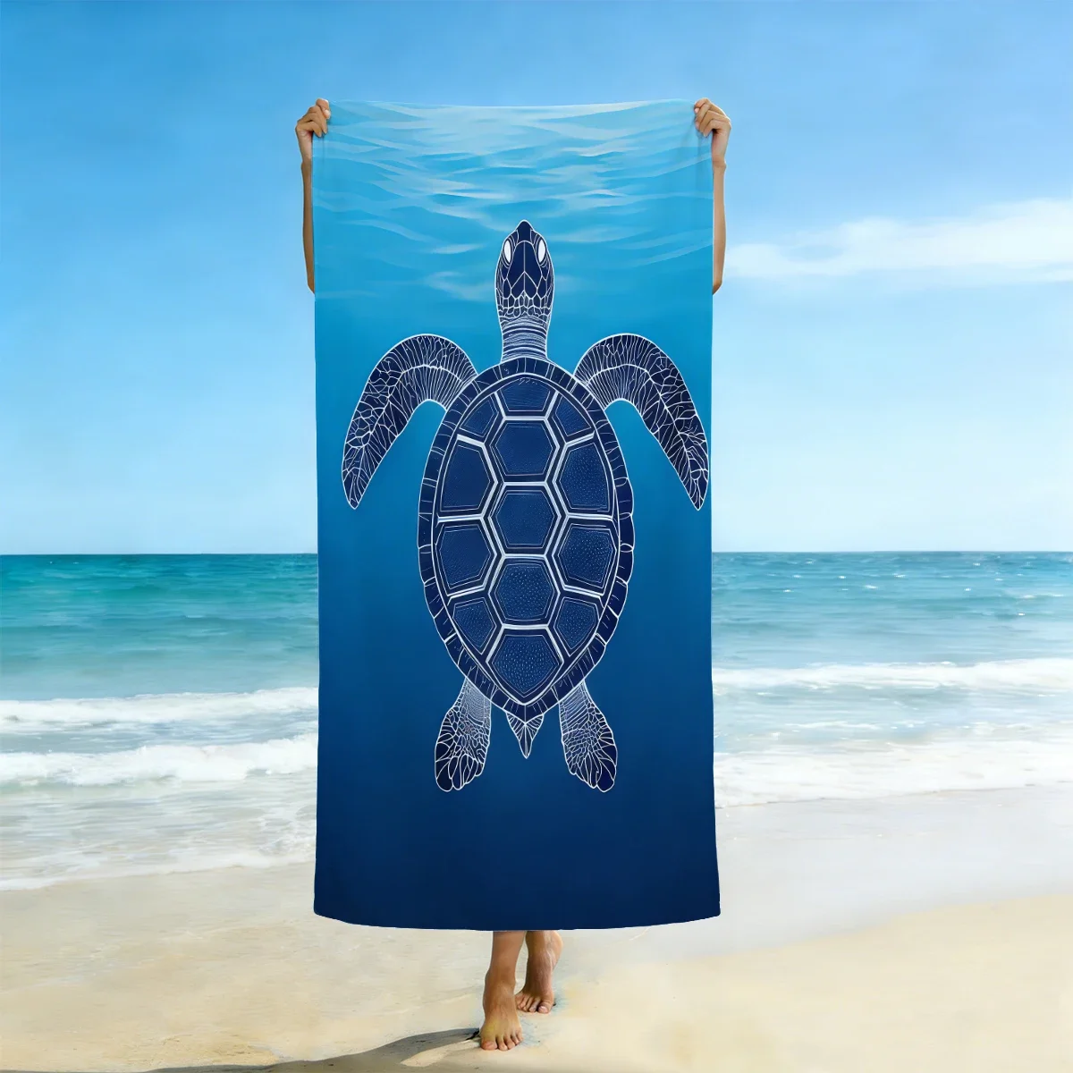1pc deep blue turtle print beach towel, ultra-fine fiber bath towel, quick drying, absorbent, soft swimming towel