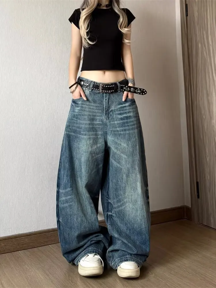 High-quality American Retro Fashion Baggy Jeans Women's Y2K Popular Casual Joker Gothic High Waist Wide-Leg Pants Street Wear