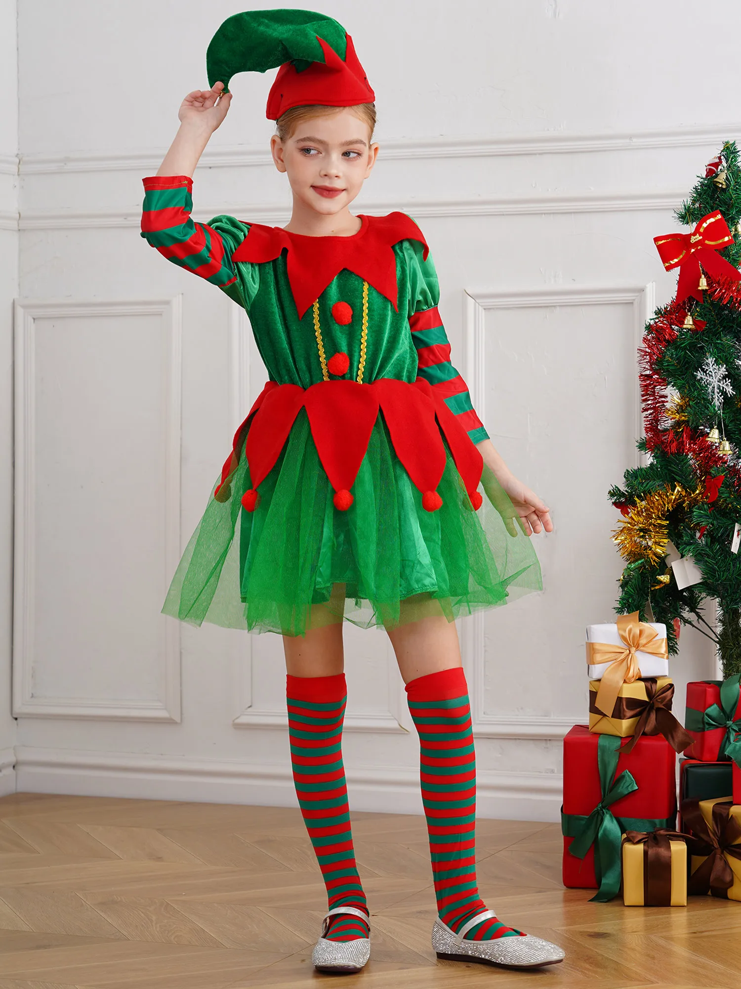 Girls Christmas Elf Cosplay Costume Long Sleeve Dress with Hat Stripe Stockings Xmas Carnival Halloween Party Performance Outfit