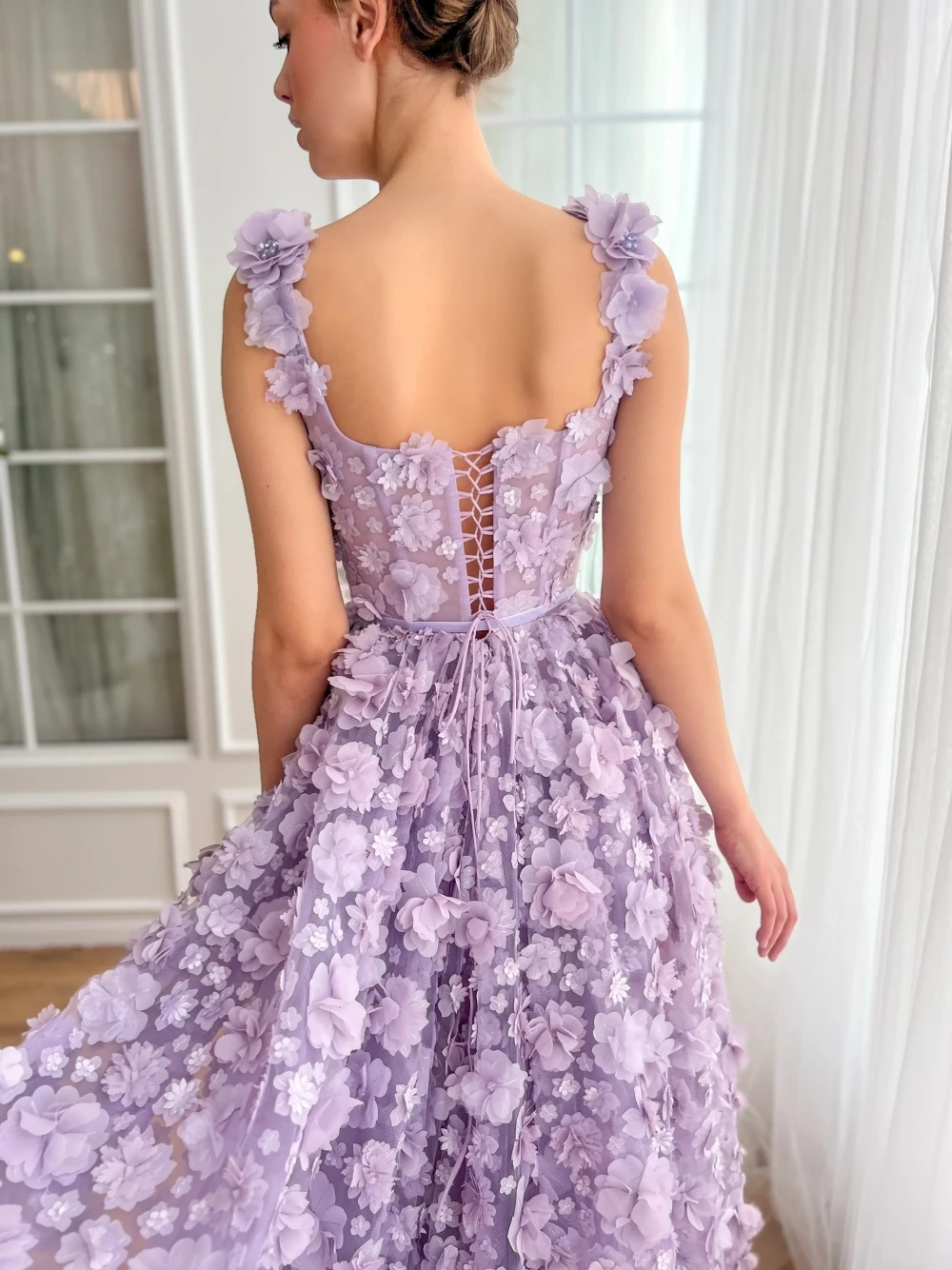 Lavender Dreamy Princess Evening Dress Fashion 3D Flowers A-line Special Occasions Square Neck Customized Women Party Prom Gown