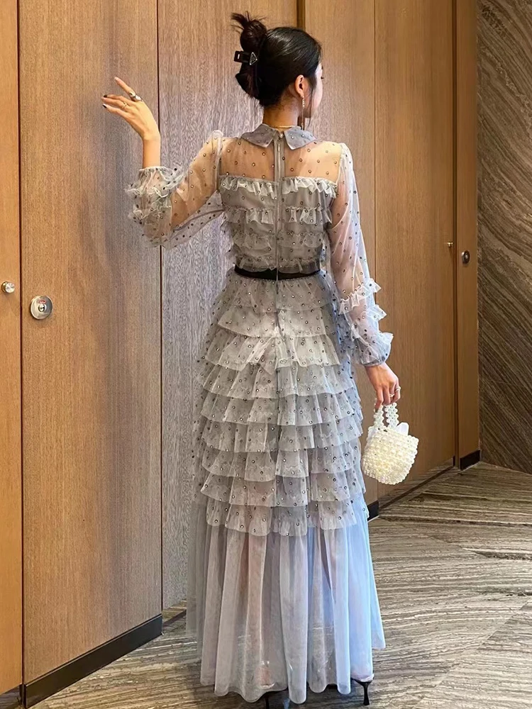 DEAT Elegant Dress Bowknot O-neck Multilayer Gauze Diamond Decoration Women\'s Evening Party Dresses 2024 Autumn New Tide 35Z1188