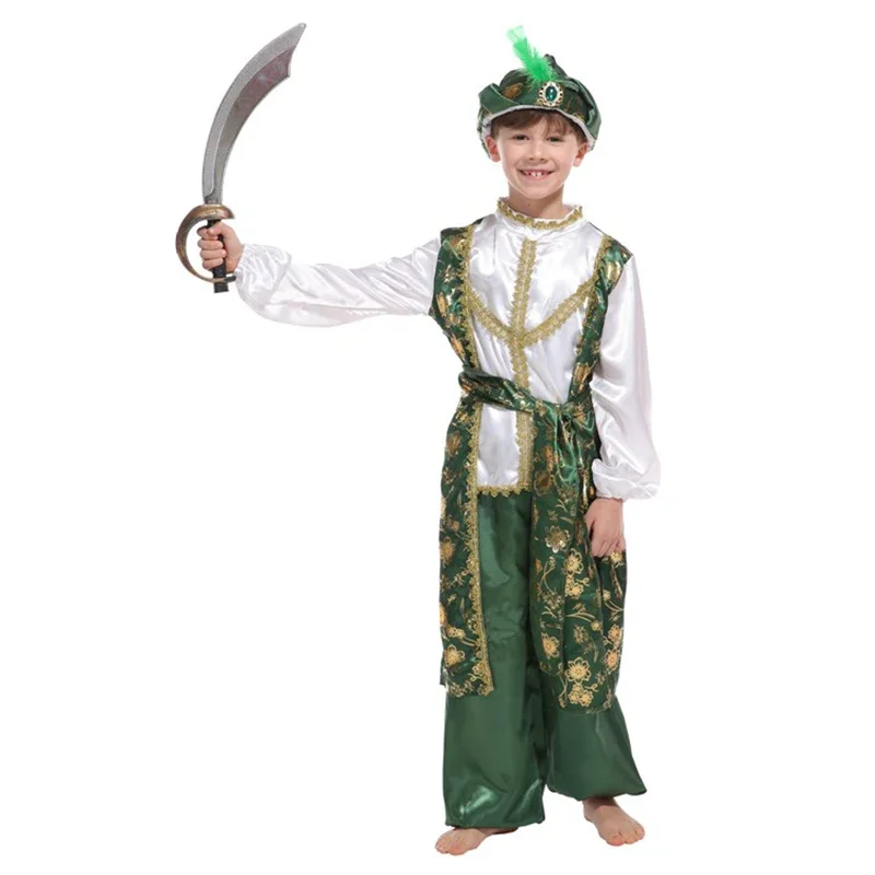 Kids Boys Green Indian Arab Aladdin Prince Cosplay Stage Performance Warrior Masquerade Party Costume