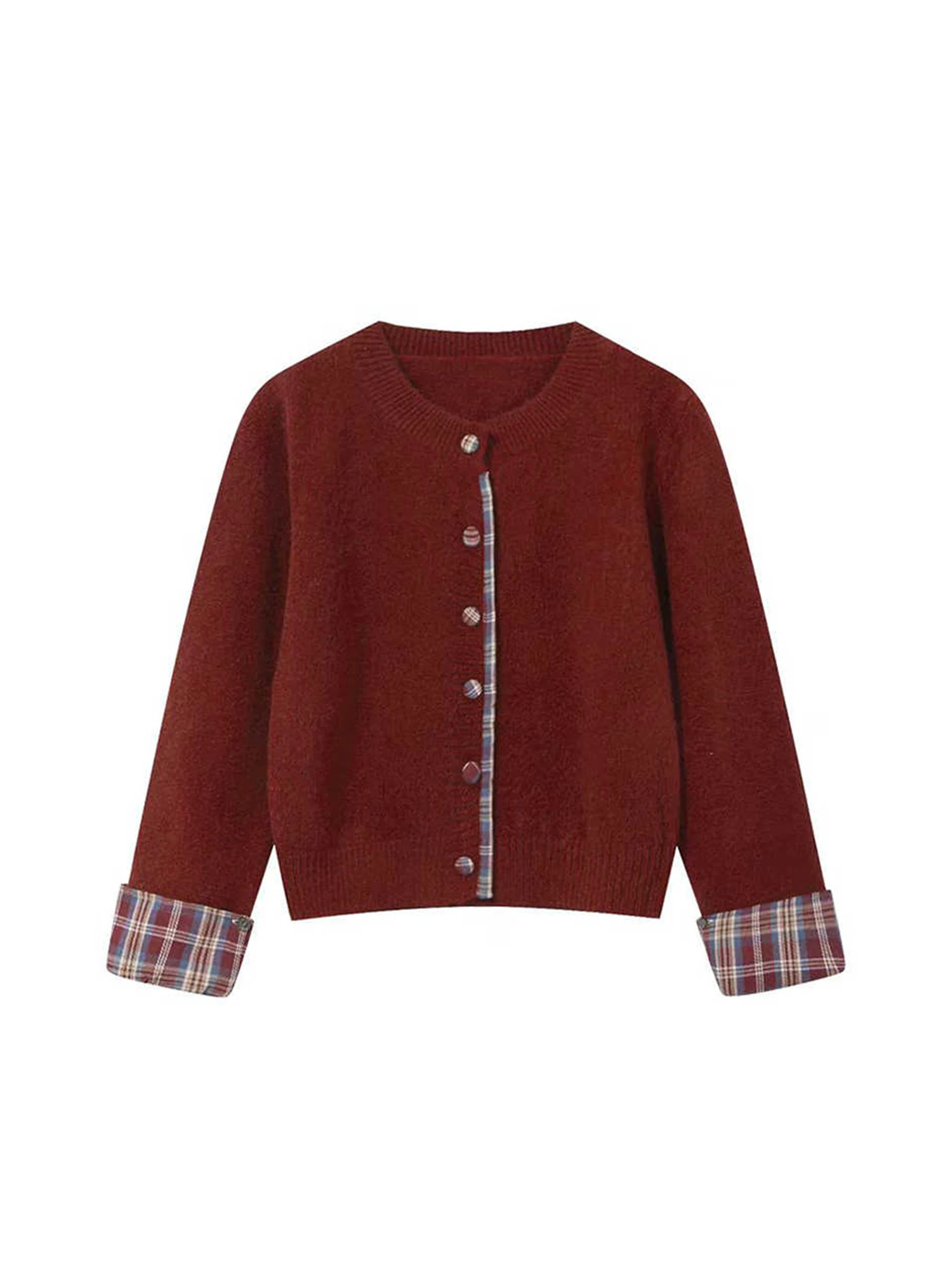 

Women Christmas Red Cardigan Knit Sweater Vintage 2000s Y2k O-Neck Plaid Patchwork Knitwear Long Sleeves Cashmere Sweater Autumn