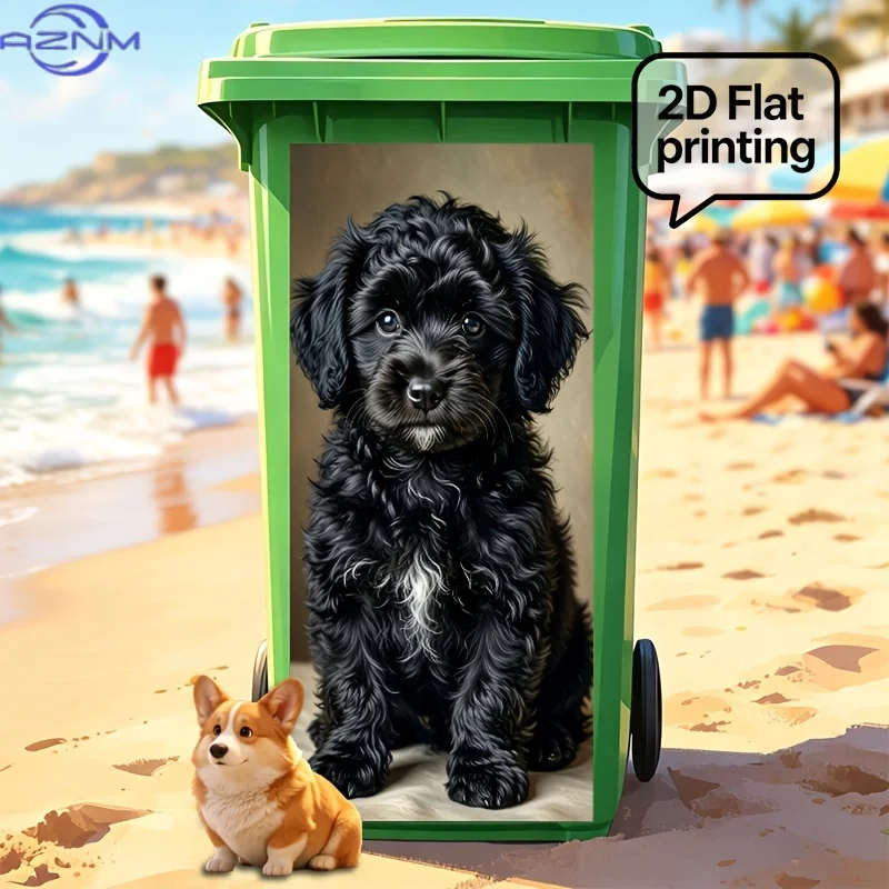2D Flat Printing 1pc Trash Can Sticker ×cm, Cute Sitting Puppy with Black Curly Hair Design, Self-Adhesive Wall Decal Wallpape