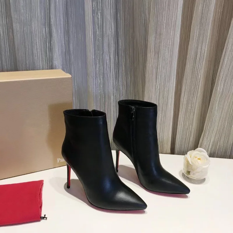 

Hemegot Black Leather Pointed Toe Short Boots For Women Side Zipper Red Sole Botas Mujer Stiletto High Heels Mature Female 2025