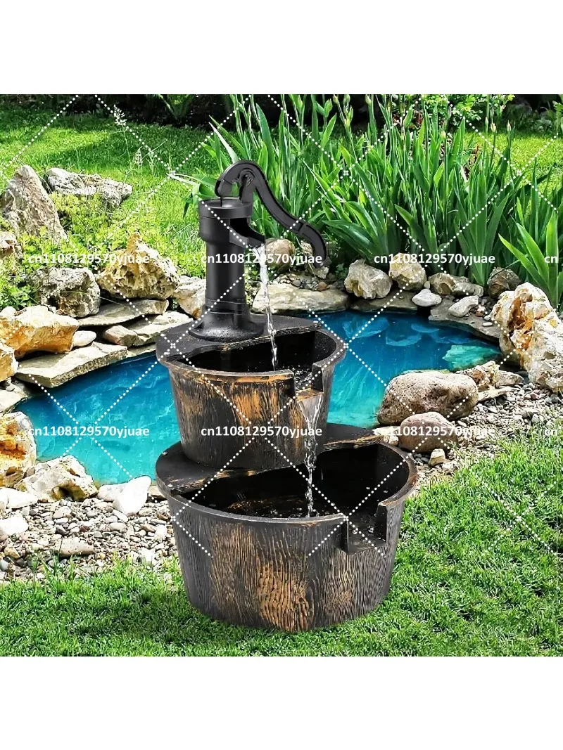 Solar Fountain Outdoor Garden Decor Double Layer Wooden Barrel Water Feature for Patio
