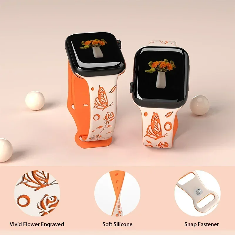 Apple Watch用シリコンブレスレット,バタフライ刻印ストラップ,iwatchシリーズ用バンド10,9,8,7,6,5,2,49mm, 40mm, 44mm, 41mm 45mm、46mm