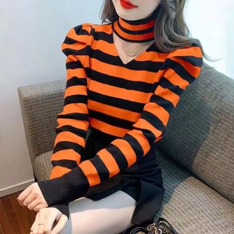 Korean Autumn/Winter Sweaters Women\'s Mock Neck Striped Contrast Color Temperament Fashion Puff Sleeve Pullovers Knitted Tops