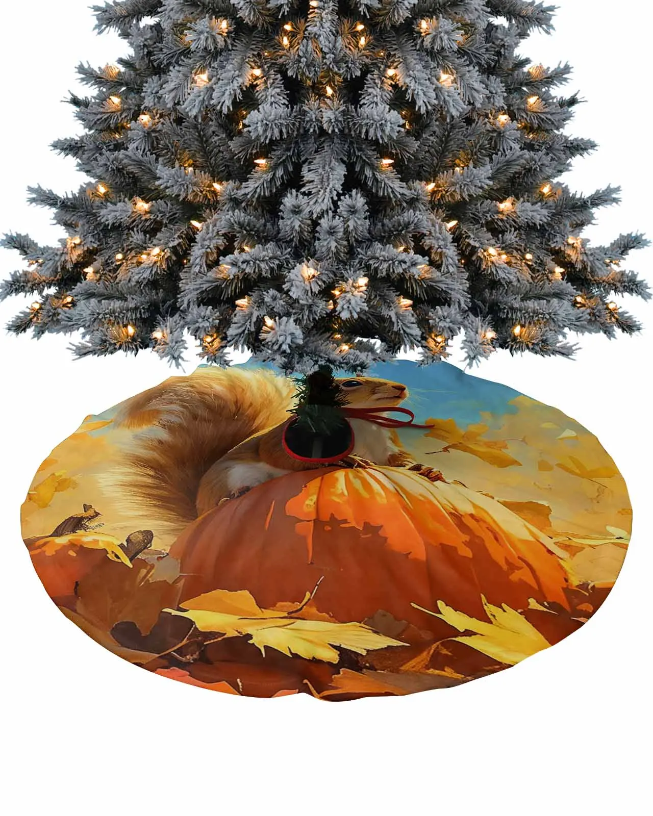 Squirrel Pumpkin Maple Leaf Christmas Tree Creative Printed Tree Bottom Decoration Festival Party Tree Skirt