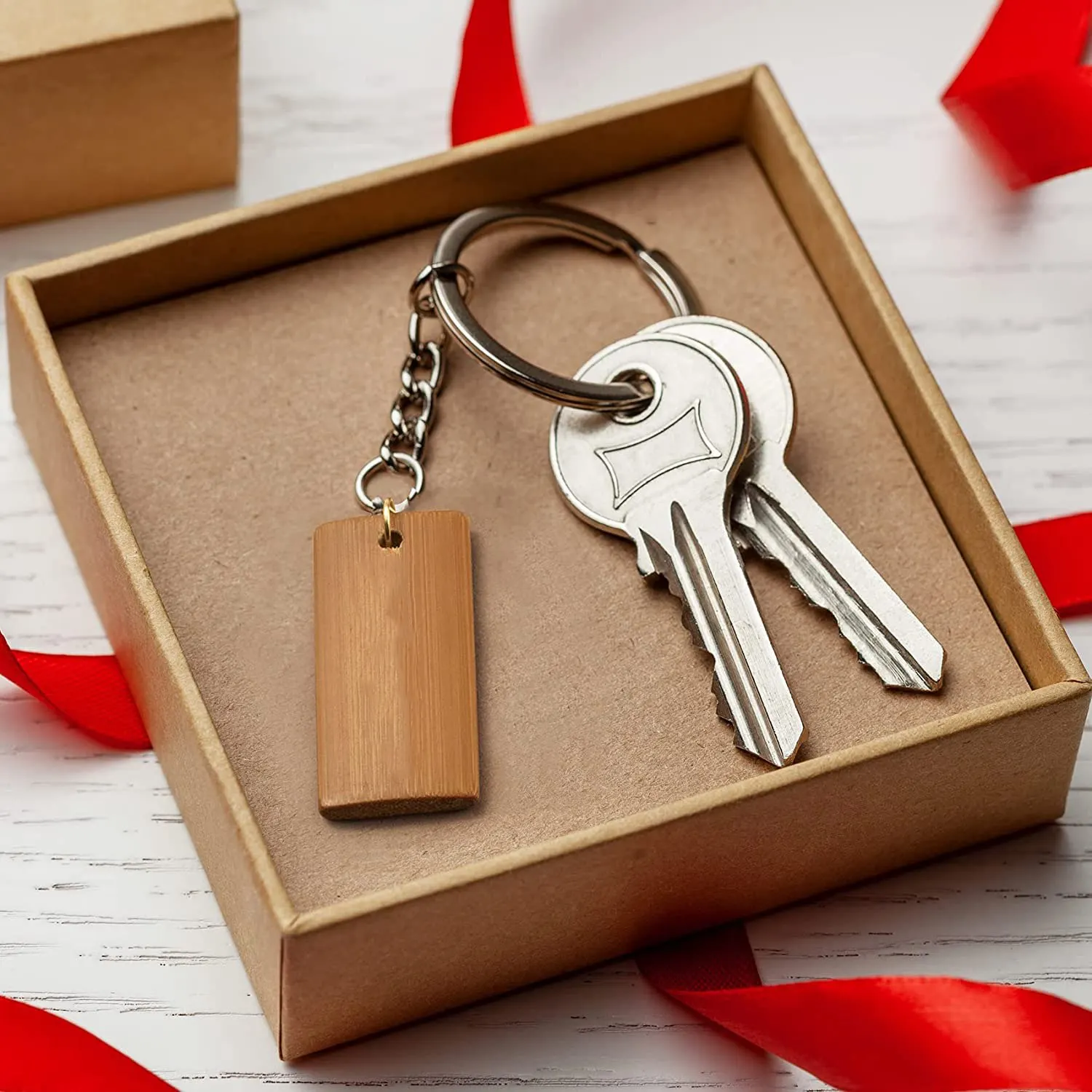 100Pcs 45X20Mm Rectangle Wooden Tags for Keychain Rings, Bamboo Unfinished Wood Key Ring Tag Rare