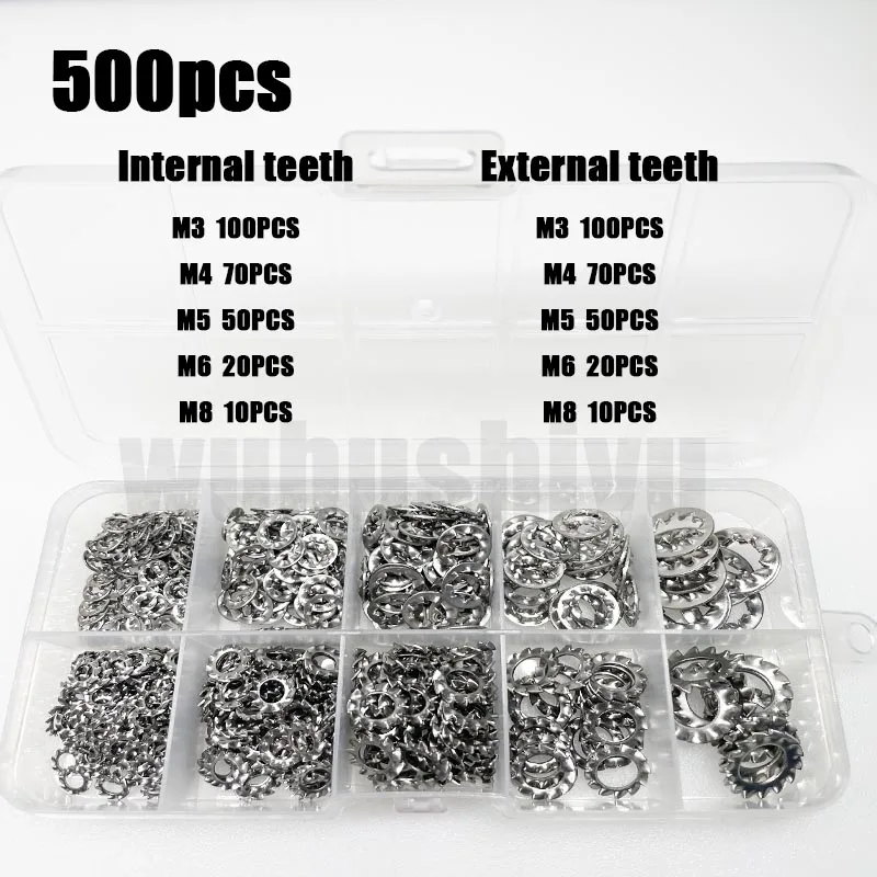 

500pcs/Box Mix M3 M4 M5 M6 M8 External Internal Toothed Serrated Lock Washer Gasket Assortment Kit Set 304 A2-70 Stainless Steel
