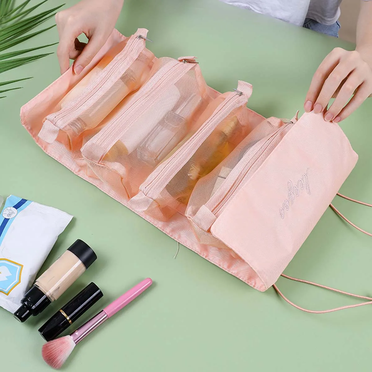 Portable Hanging Makeup Roll Bag Mesh Make Up Bag Toiletry Makeup Brushes Storage 4 in 1 Multifunctional Removable Makeup Bag,