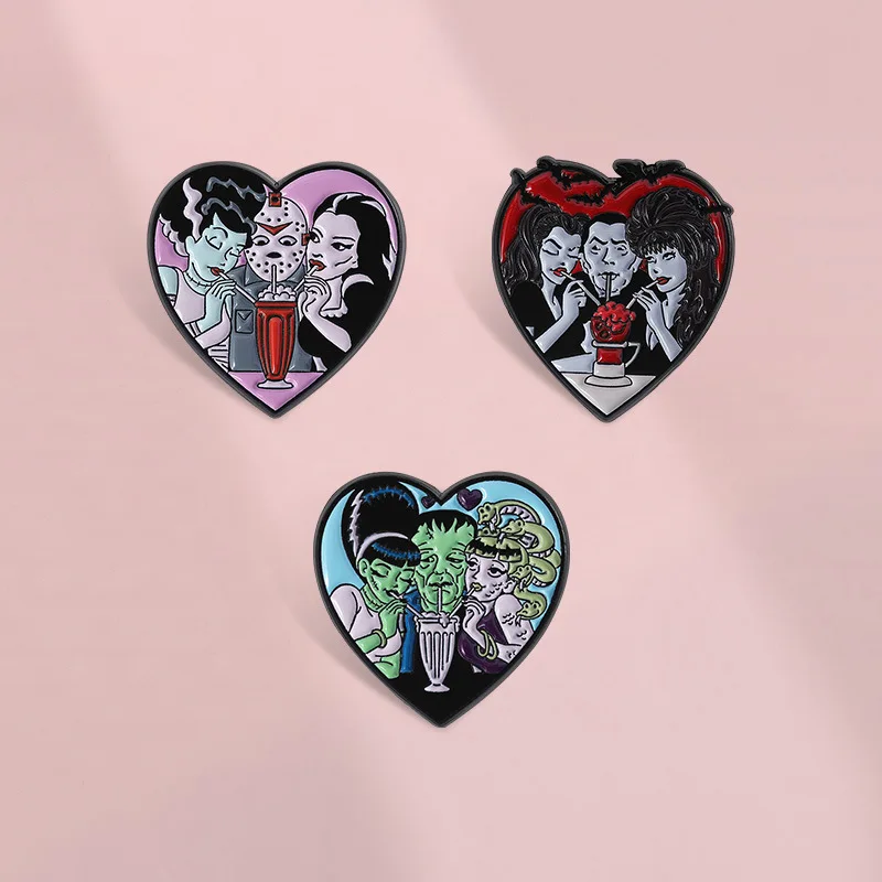 Fun Anime Love Shaped Paint Brooch Cartoon Characters Drinking Beverage Pattern Lapel Backpack Badge Jewelry Gifts for Friends
