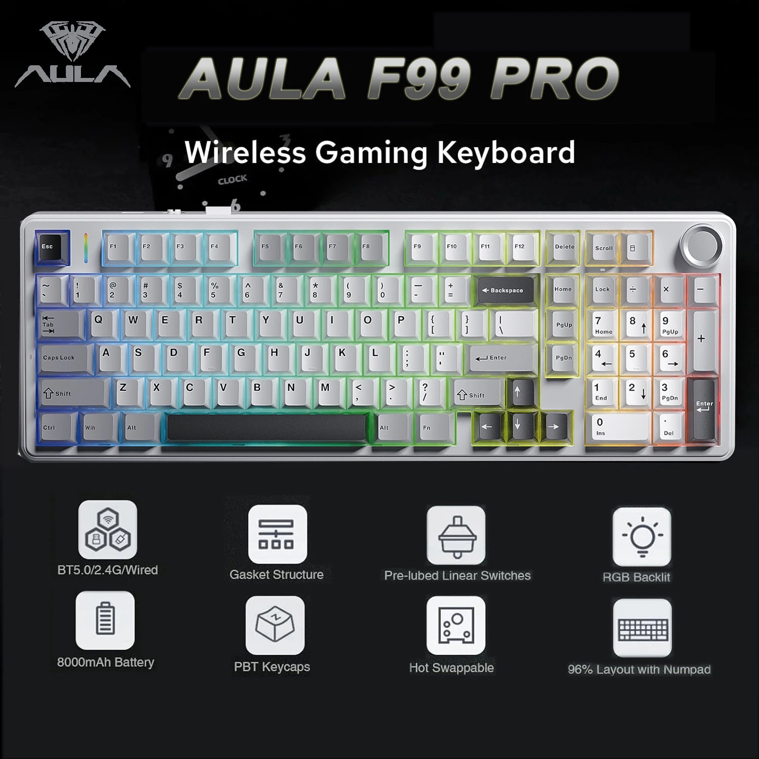 

AULA F99 Pro 96% Wireless Gaming Keyboard BT/USB-C/2.4GHz Knob Tri-Mode Hot Swappable 8000mAh RGB Backlight Mechanical Keyboard