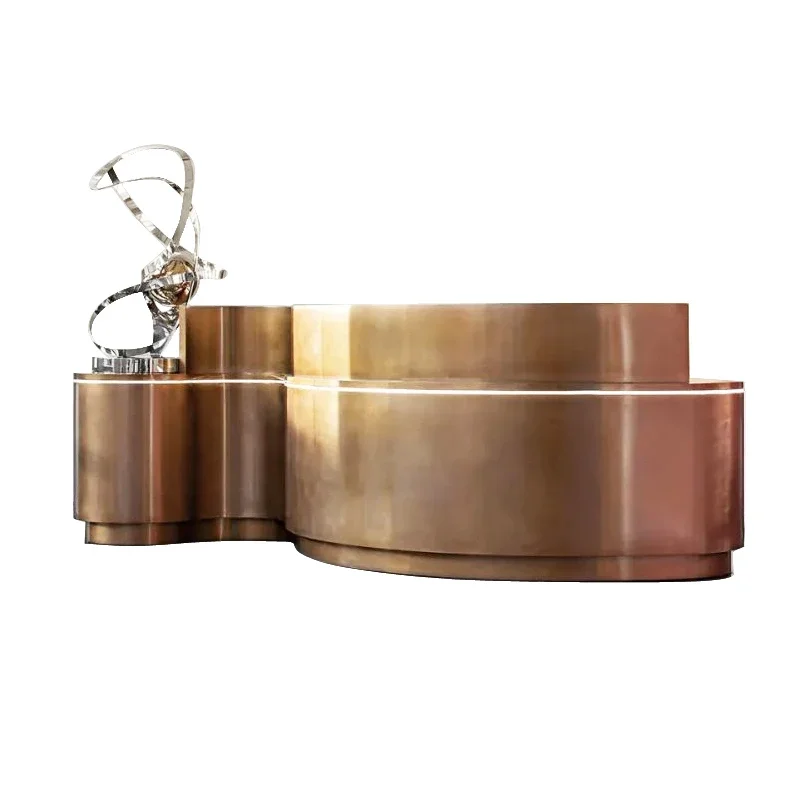 

High-end stainless steel special-shaped front checkout page Light luxury metal bar counter Creative art reception desk