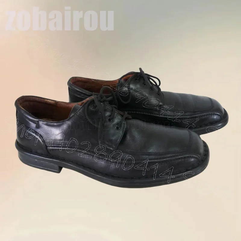

Black Sewing Design Square Toe Strappy Loafers Fashion Lace Up Men Shoes Luxury Handmade Party Banquet Dating Men Casual Shoes