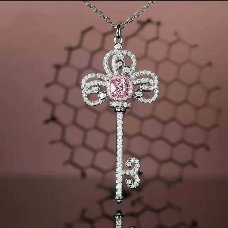 Fashionable Zircon Iris Flower Diamond Key Pendant Necklace 2026 Model Exquisite Silver Jewelry for Ladies