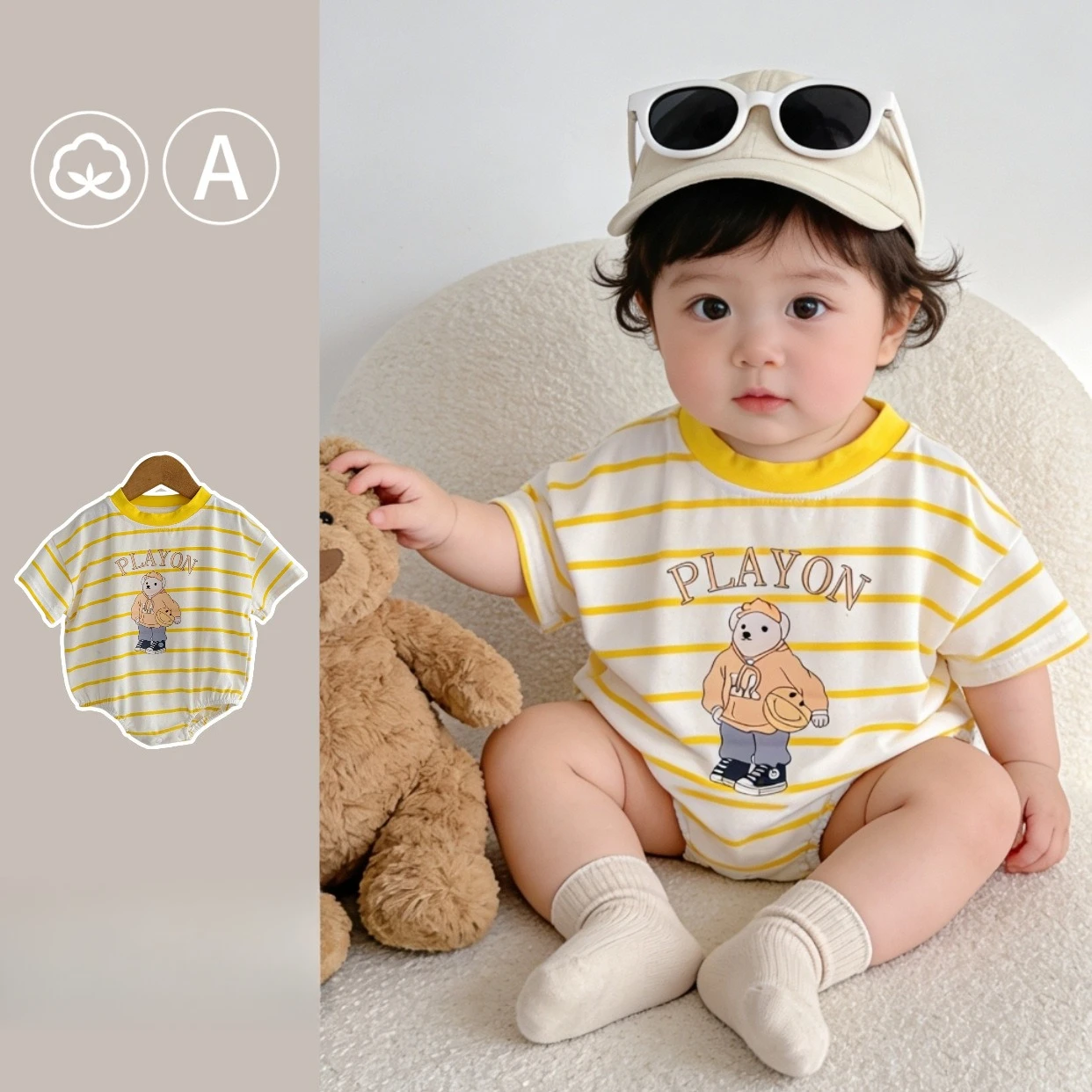 ZOETOPKID Infant Boys Newborn Girls Rompers Toddler Baby Short Sleeves Bear Print Bodysuit Kids Children Stripes Jumpsuit