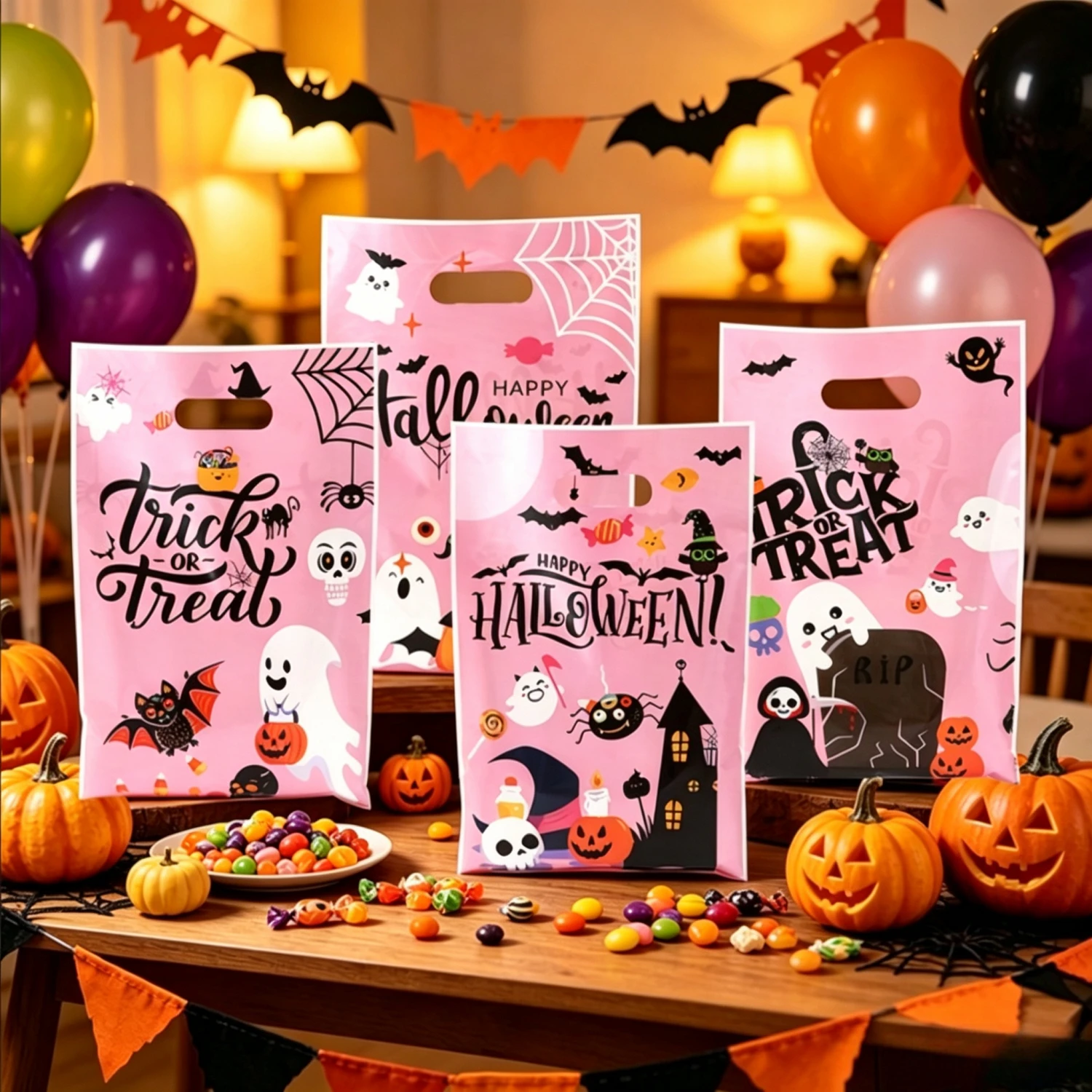 30-80PCS New Arrival Best‑Selling Halloween Pink Creative Candy & Snack Treat Bags, Sealing Sticker Bags for Party Decorations.