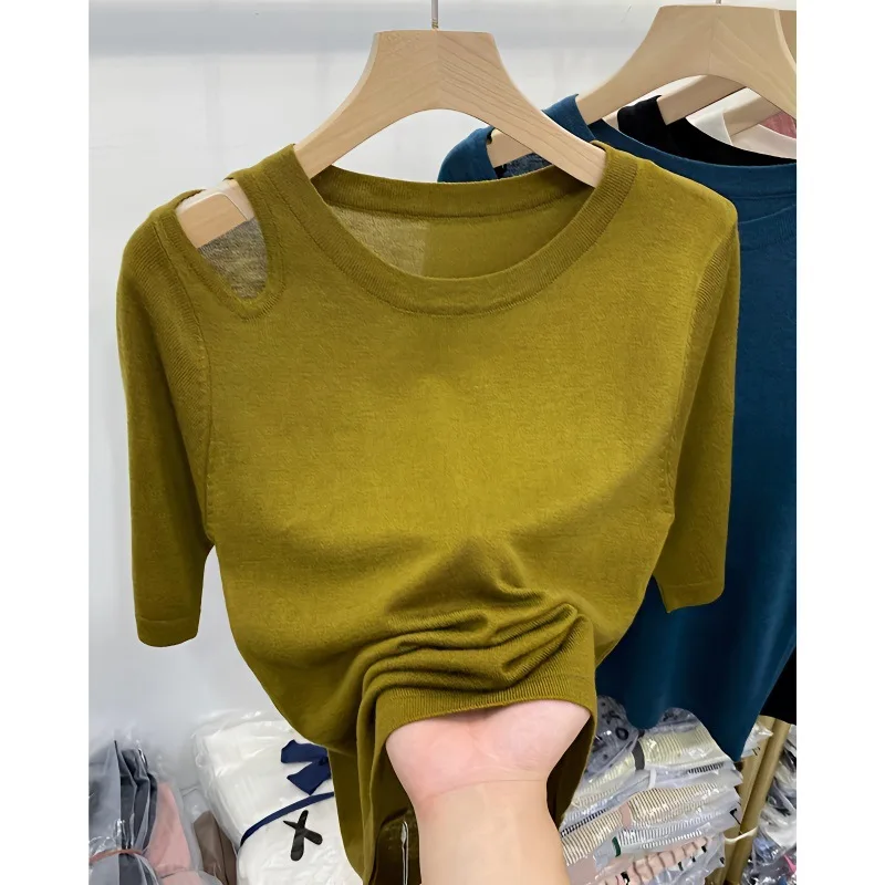 

Hollowed Out Off Shoulder All-match Knitted T-Shirt Summer Short Sleeve Pullover Tees Fashion Vintage Women Casual Tops 2025 New