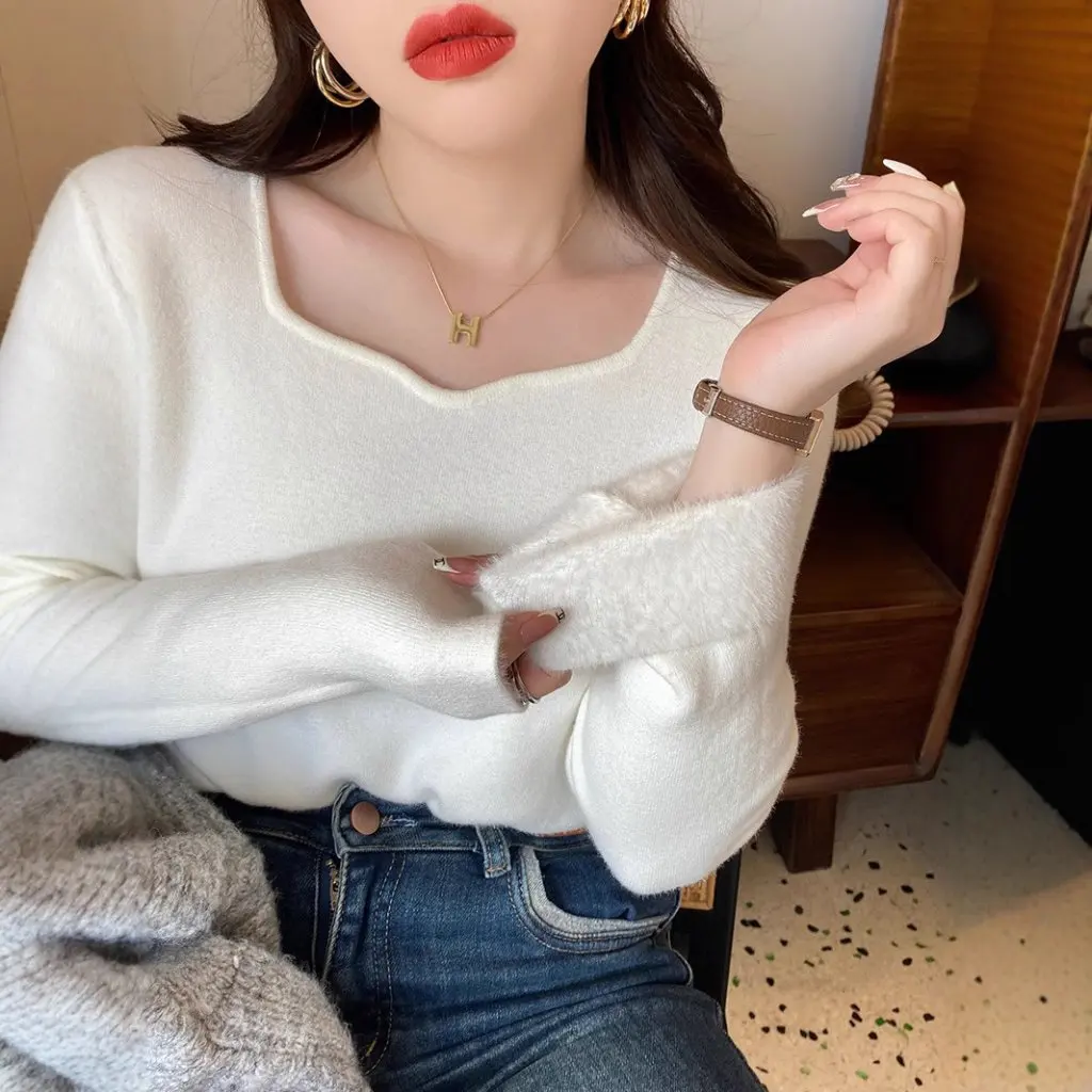 

Женская зимняя базовая рубашка на флисовой подкладке, утепленный вязаный теплый топ с низким вырезом, осенне-зимний внутренний свитер