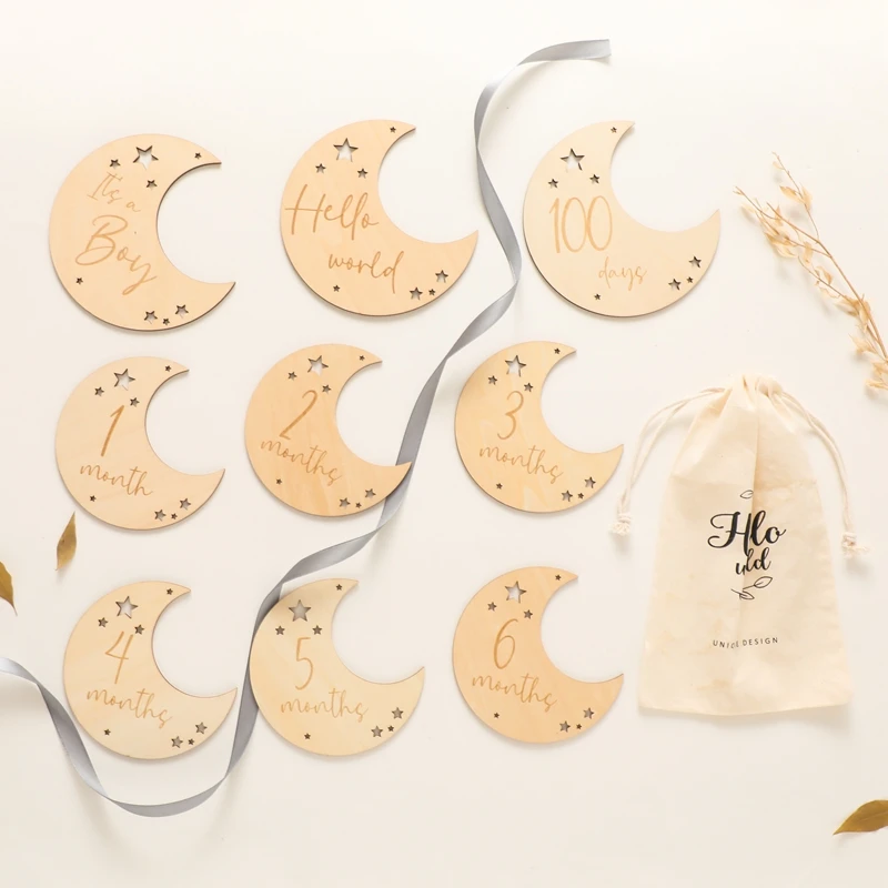 Newborn Milestone Moon 100th Day Commemoration Wooden Baby Milestone Card For Newborn Moon Shape Photography Props Accessories