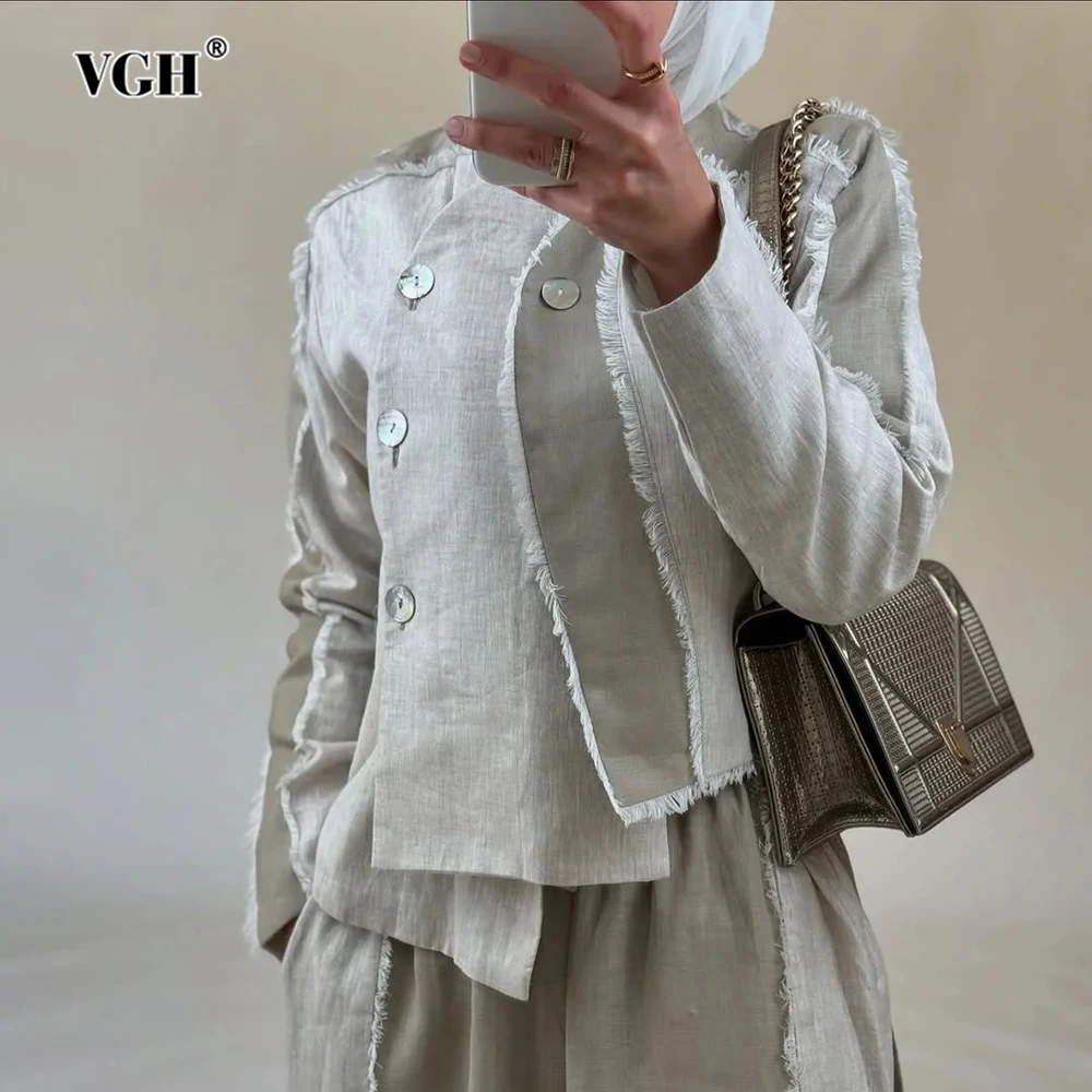 

VGH Neutral Tone Chic Frayed Edge Details Blazer for Women V Neck Long Sleeve with Double Breasted Irregular Minimalist Jacket